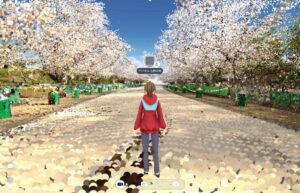 デジタル上野の森の、点描で描かれた桜並木の風景のスクリーンショット。